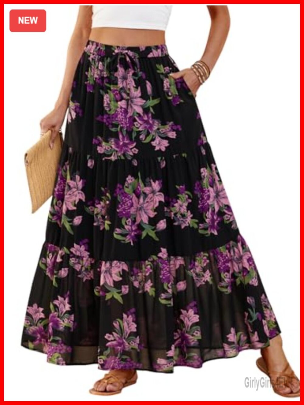 Womens Boho Maxi Skirt Chiffon Flowy A Line Tiered Casual Long with Pockets